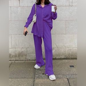 Purple textured button down shirt + pants set